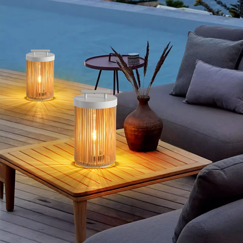 Outdoor Rattan Solar LED Lantern, Wood